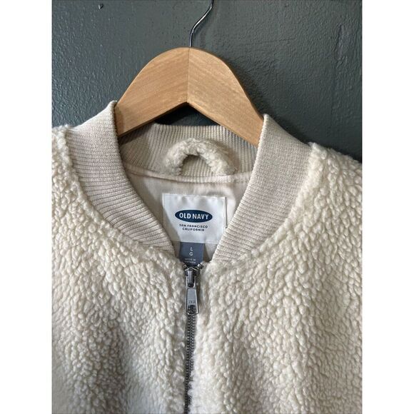 Old Navy Beige Sherpa Fleece Bomber Jacket Cozy Zip-Up Outerwear Large - Picture 2 of 3